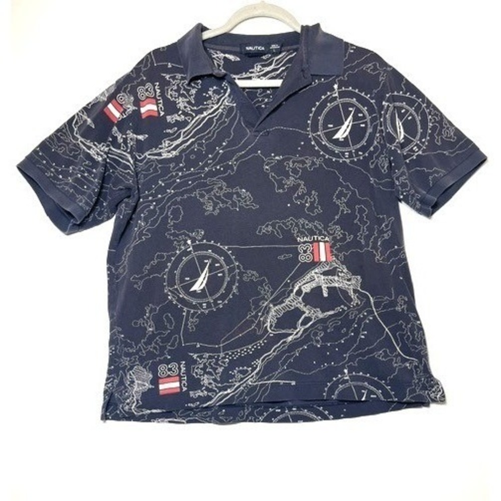 Nautica VTG Mens Large Navy Blue Nautical Map Compass All Over Print Polo Shirt